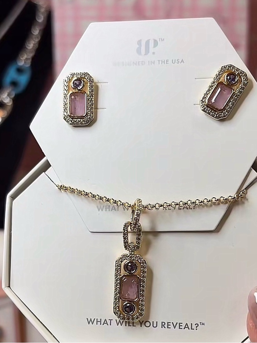 Bomb Party gold and purple Stone Pendant Necklace & Earrings Set